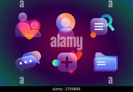 Realistischer Satz von Glasmorphismus-ui-Symbolen für Website oder mobile App. Vektorillustration von Design-Elementen mit Glasmorphismus-Effekt, Schaltflächen mit Weichzeichnungsverlauf. Stock Vektor