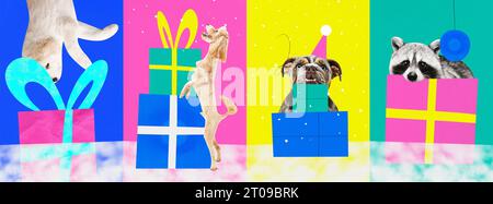 Zeitgenössische Kunstcollage. Moderne, kreative und lustige Kunstwerke. Set aus Plakaten von lustigen Haustieren, Hunden und Waschbären mit Geschenken, Geschenken für die Winterferien. Stockfoto