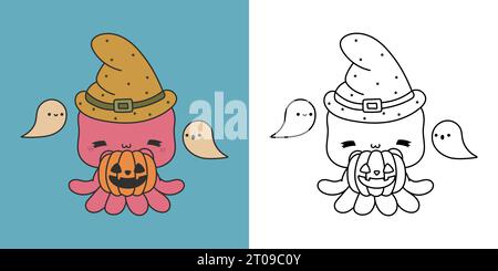 Setze Clipart Halloween Octopus Malseite und farbige Illustration. Kawaii Halloween Ocean Animal. Stock Vektor