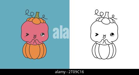 Kawaii Halloween Octopus Clipart mehrfarbig und schwarz und weiß. Niedliches Kawaii Halloween Meerestier Stock Vektor