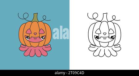 Niedliche Halloween Octopus Clipart Illustration und Schwarz-weiß. Kawaii Art Halloween Ocean Animal Stock Vektor