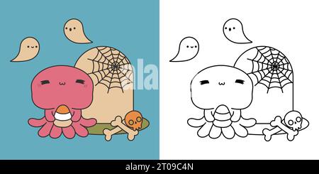 Kawaii Clipart Halloween Oktopus Illustration und für Ausmalseite. Lustiges Kawaii Halloween Tier. Stock Vektor