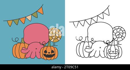 Kawaii Halloween Oktopus mehrfarbig und schwarz und weiß. Schöne Clip Art Halloween Meerestier. Stock Vektor