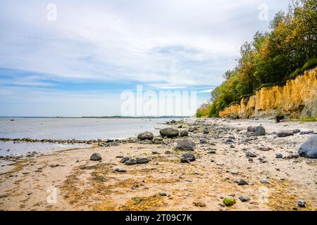 Blick auf die steile Küste am Gollwitzer Strand. Naturstrand bei Gollwitz im Naturschutzgebiet auf der Insel Poel. Landschaft an der Ostsee. Stockfoto
