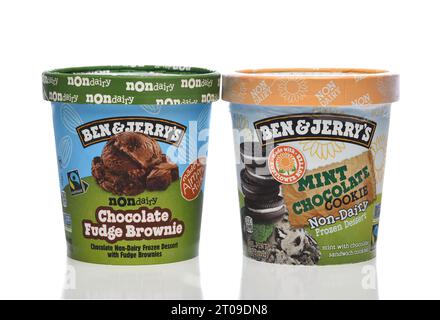 IRVINE, KALIFORNIEN - 4. OCT 2023: Zwei Kartons Ben and Jerrys nicht-Milchdessert, Chocolate Fudge Brownie und Mint Chocolate Cookie. Stockfoto