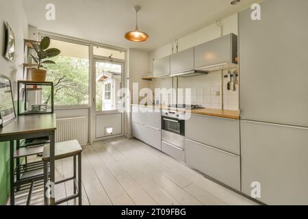 Innenraum der modernen Küche mit grauen Schränken durch Fenster und Tür zu Hause Stockfoto