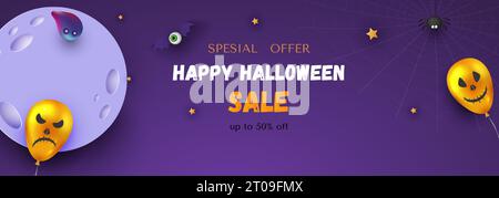 Happy Halloween Banner oder Party Einladung Hintergrund mit Mond, Fledermäuse und lustige Kürbisse i Vektor-Illustration. Stock Vektor