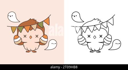 Clipart Halloween Eulen, mehrfarbig und schwarz und weiß. Niedliche Clip Art Halloween Waldvogel Stock Vektor