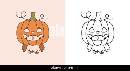 Cartoon Halloween Eulen Clipart für Malseite und Illustration. Happy Clip Art Halloween Vogel. Stock Vektor