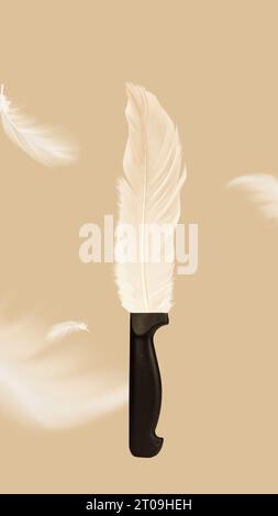 Kreatives Design. Messer mit weißer Feder über beigefarbenem Hintergrund. Kraft der Kunst und des Wortes. Literatur. Zeitgenössische Kunstcollage. Stockfoto