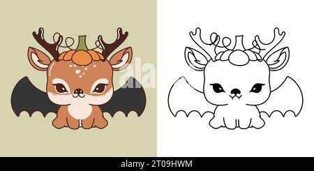 Kawaii Halloween Deer Clipart, mehrfarbig und schwarz und weiß. Niedliches Kawaii Halloween Tier. Stock Vektor