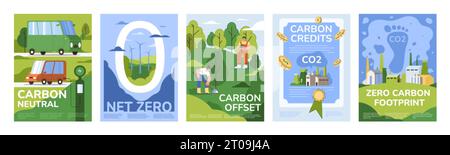 Broschüren oder Poster über Null-Emissionen, CO2-neutrale oder erneuerbare Energien. Nachhaltige Entwicklung umfasst Designvorlagen. Umgebungskonzept speichern. Flyer mit Schritten zur Reduzierung der co2-Emissionen. Stock Vektor