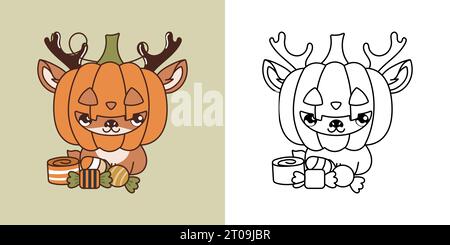 Halloween Kawaii Hirsch für Malseite und Illustration. Niedliche Clip Art Halloween Tier. Stock Vektor