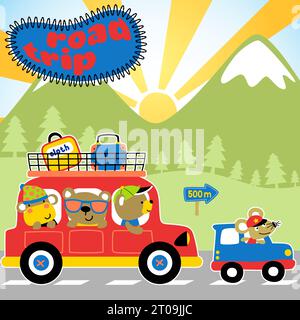 Lustige Tiere auf dem Auto, Roadtrip Urlaub, Bergszene auf Sonnenaufgangshintergrund, Vektor-Karikaturillustration Stock Vektor