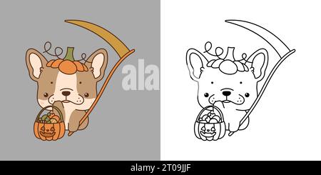 Halloween Kawaii französischer Bulldog Hund für Malseite und Illustration. Clip Art Halloween Hündchen. Stock Vektor