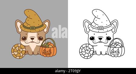 Niedliche Halloween Französisch Bulldog Hund Clipart für Malseite und Illustration. Art Halloween Hündchen. Stock Vektor