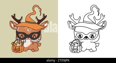 Niedliche Halloween-Hirsch-Clipart-Illustration und Schwarz-weiß. Lustige Clip Art Halloween Tier. Stock Vektor