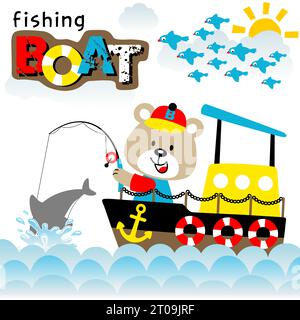 Niedlicher Bär auf Boot Angeln im Meer, Gruppe von Vögeln fliegen auf Wolken Hintergrund, Vektor-Karikaturillustration Stock Vektor
