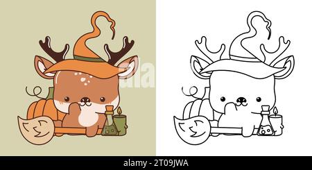 Set Halloween Deer mehrfarbig und schwarz-weiß. Kawaii Clip Art Halloween Tier. Stock Vektor