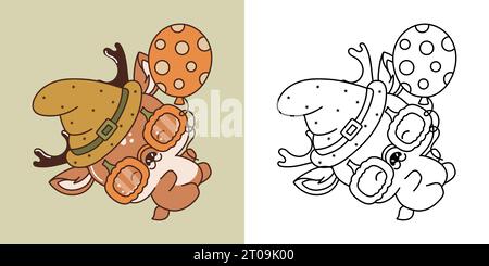 Niedliche Halloween-Hirsch-Illustration und zur Ausmalseite. Cartoon Clip Art Halloween Tier. Stock Vektor