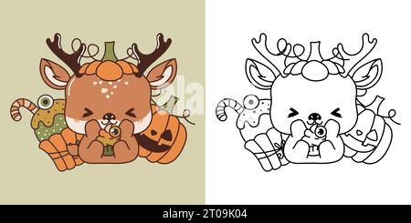 Clipart Halloween Deer, mehrfarbig und schwarz und weiß. Niedliche Clip Art Halloween Tier. Stock Vektor