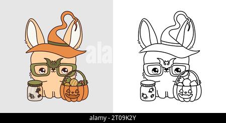 Kawaii Halloween Bunny Clipart mehrfarbig und schwarz und weiß. Süßes Kawaii Halloween-Kaninchen. Stock Vektor