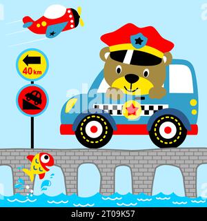 Lustiger Bär Polizeiauto mit Straßenschild auf der Brücke, Flugzeug abheben, kleine Fische springen aus dem Wasser, Vektor-Karikaturillustration Stock Vektor