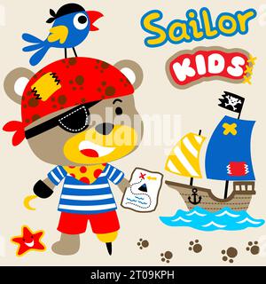 Niedlicher Bär und Papagei im Piratenkostüm mit Segelboot, Piratensegel-Elementen, Vektor-Zeichentrickillustration Stock Vektor