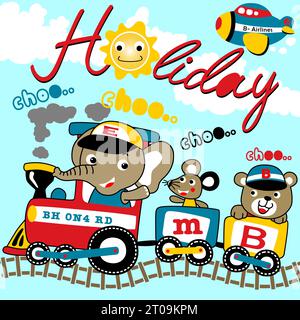 Lustige Tiere auf Dampfeisenbahn mit lächelnder Sonne, Flugzeug fliegt auf Wolkenhintergrund, Vektor-Karikaturillustration Stock Vektor