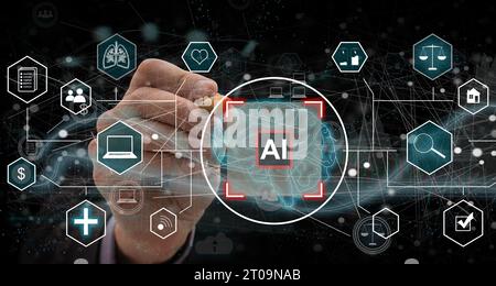 KI, Einheit, Technologie, Prozessor, künstliche Intelligenz, Innovation, zentrale Verarbeitungseinheit, innovativ, Prozess, neuronale. Fingerprint berührt Stockfoto