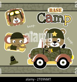 Niedlicher Bär, der Militärauto fährt, Löwe mit Elefant, der Militärkappe trägt, Vektor-Karikaturillustration Stock Vektor
