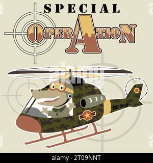 Lustiges Krokodil auf Militärhubschrauber, Vektor-Karikaturillustration Stock Vektor