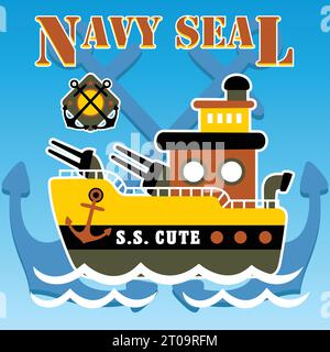 Vektor-Karikaturillustration des Kriegsschiffs auf Ankerhintergrund Stock Vektor