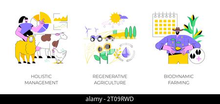 Landmanagement abstrakte Konzept Vektor-Illustration Set. Ganzheitliches Management, regenerative Landwirtschaft, biodynamische Landwirtschaft, Pflanzenwachstum, Pflanzkalender, abstrakte Metapher der Bodenfruchtbarkeit. Stock Vektor