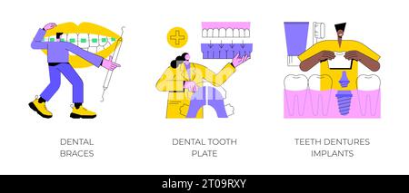 Kieferorthopädische Pflege Verfahren abstrakte Konzept Vektor Illustration Set. Zahnspangen und Zahnplatte, Zahnprothesen Implantate, Kids Brackets, Zahnersatz, kosmetische Zahnmedizin abstrakte Metapher. Stock Vektor