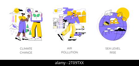 Treibhauseffekt abstraktes Konzept Vektor Illustration Set. Klimawandel, Luftverschmutzung, Meeresspiegelanstieg, städtischer Smog, globale Erwärmung, Schmelzeis, Weltmeer, Fabriken Verschmutzung abstrakte Metapher. Stock Vektor