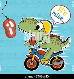 Lustiger Dinosaurier, der Motorrad reitet, verfolgen ein Fleisch, Vektor-Zeichentrickillustration Stock Vektor