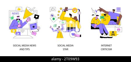 Digitaler Inhalt abstraktes Konzept Vektorbildungs-Set. Social-Media-Nachrichten und -Tipps, Influencer, Internet-Kritik, persönlicher Blog, Hassrede, Kommentieren und teilen, falsches Profil abstrakte Metapher. Stock Vektor