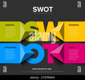 Vector Dark SWOT (Stärken, Schwächen, Chancen, Bedrohungen) Diagrammvorlage aus vier farbigen Dreieckszeigern mit großen Buchstaben. S Stock Vektor