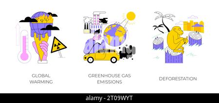 Abstraktes Konzept für den Klimawandel Vektor-Illustrationsset. Globale Erwärmung, Treibhausgasemissionen, Entwaldung, globale Erwärmung, Luftverschmutzung, Smog, Wildlife Degradation abstrakte Metapher. Stock Vektor