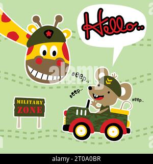 Süße Giraffe, die Militärmütze trägt, kleine Maus, die Militärauto fährt, Vektor-Karikaturillustration Stock Vektor