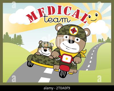 Lustiger Bärensoldat auf Militärmotorrad mit Beiwagen. Medizinisches Team auf landschaftlichem Hintergrund Stock Vektor