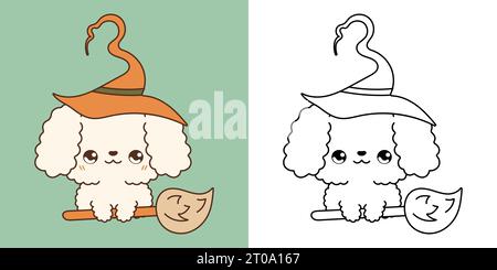 Set Halloween Poodle Dog, mehrfarbig und schwarz und weiß. Kawaii Clip Art Halloween Hund Stock Vektor