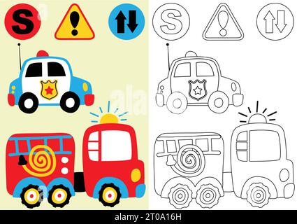 Vektor-Cartoon von Feuerwehrauto und Polizeiauto mit Verkehrsschildern, Malbuch oder Seite Stock Vektor