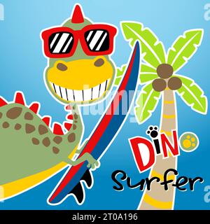 Vektor-Cartoon des Dinosauriers, der eine Sonnenbrille trägt und Surfbrett mit Palme hält Stock Vektor