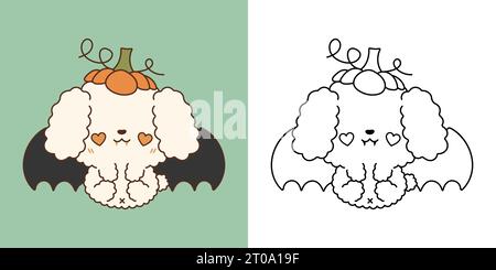 Kawaii Halloween Poodle Dog Clipart mehrfarbig und schwarz-weiß. Niedliches Kawaii Halloween-Hündchen Stock Vektor