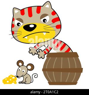 Vektor-Cartoon von Katze auf Holzfässern versuchen, Mäuse zu fangen Stock Vektor