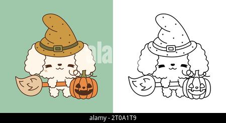 Set Clipart Halloween Pudel Hund Malseite und farbige Illustration. Kawaii Halloween Hund. Stock Vektor