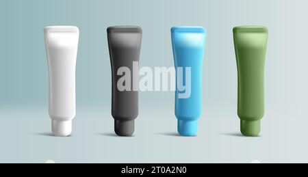 Satz mehrfarbiger Röhrchen. 3D-Modell. Grüne, blaue, schwarze und weiße Farben. Handcreme oder Zahnpasta Mockup Stock Vektor