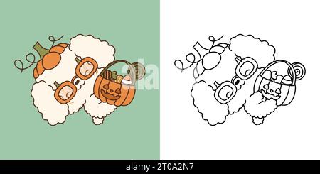 Niedliche Halloween Pudel Hund Illustration und für Ausmalseite. Cartoon Clip Art Halloween Hund. Stock Vektor